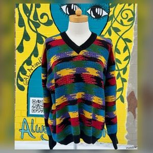 Unique Vintage Unisex 80’s Colorful Abstract Print V-Neck Sweater w/ Beading XL